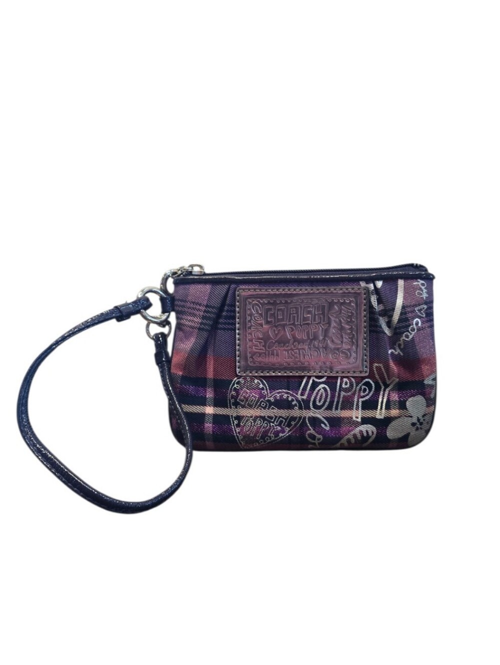 Coach Poppy Tartan Plaid Glam Purple Magenta Black Wristlet